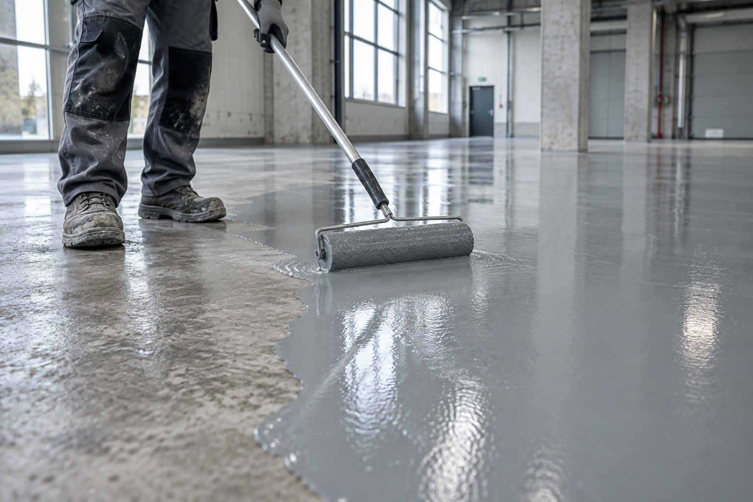 Grey coating being rolled across a concrete floor