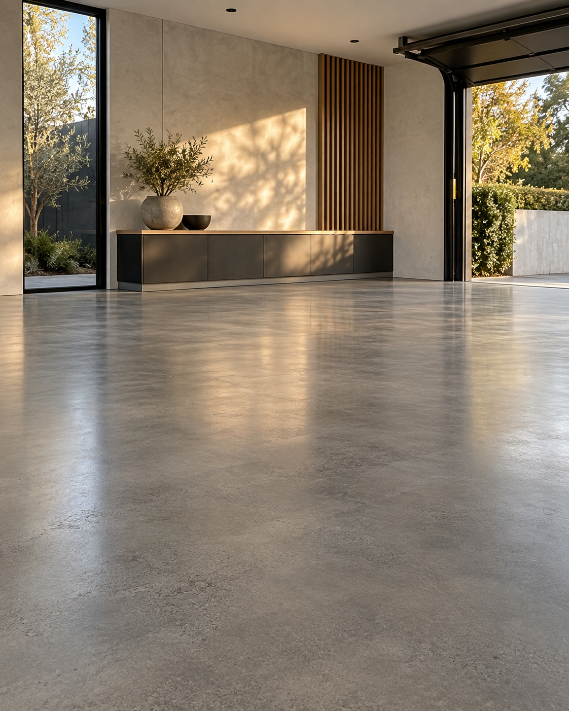 Design inspiration: sunlight across a seamless grey concrete floor in a contemporary garage