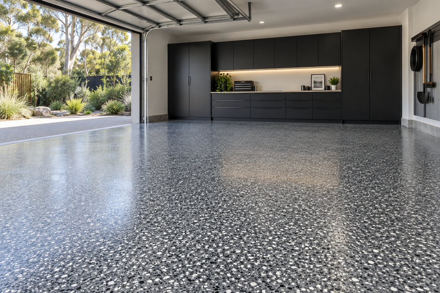 Decorative grey flake floor in a contemporary garage